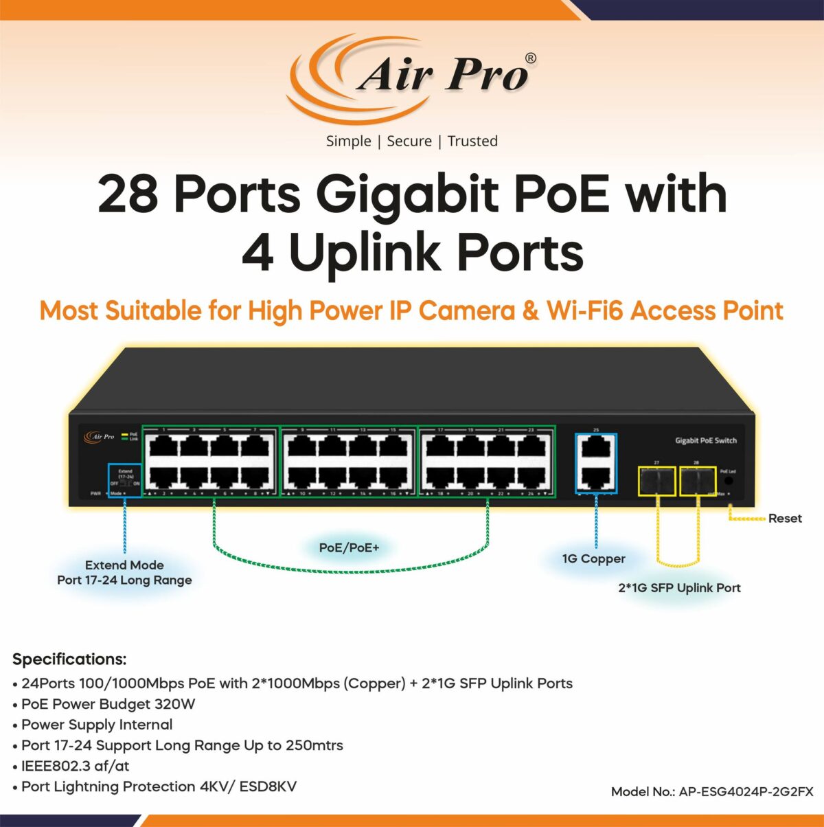 AirPro AP-ESG4024P-2G2FX 24-Port Gigabit PoE Switch