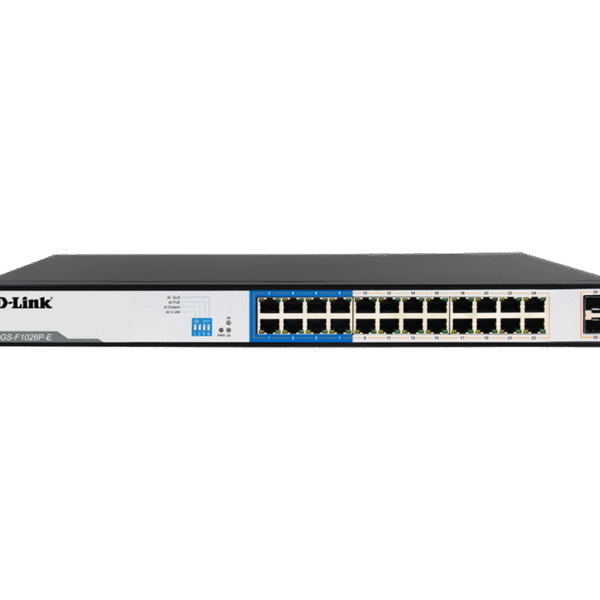 D-Link DGS-F1026P-E | 26-Port Gigabit PoE+ Switch, 24 PoE+ Ports 250m, 2 SFP Uplink Ports, 250W , MTCTE Certified – D-Link Networking Product in India