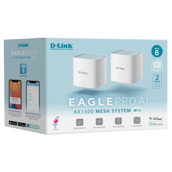 D-Link EAGLE PRO AI M15 2 Pack | AX1500 Mesh Wi-Fi 6 System, Dual-Band, MU-MIMO & OFDMA, Gigabit WAN + LAN Ports, Easy Setup & Management – D-Link Networking Product in India