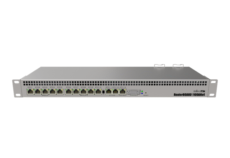 Buy the MikroTik RB1100AHx4 Dude Edition 1U router with 13 Gigabit ports, 2 SFP cages, 60 GB M.2 SSD (The Dude), and RouterOS v7 level 6. Perfect for enterprise networks in India.