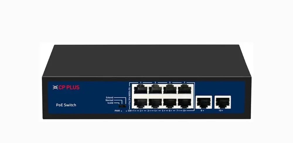 img_4051-2 The CP PLUS CP-DNW-HPU8G2-96-V3 features 8 fast ethernet PoE ports and 2 gigabit uplinks for high-speed NVR connectivity. With a 96W power budget and VLAN mode, it ensures stable and secure power delivery for professional surveillance setups.